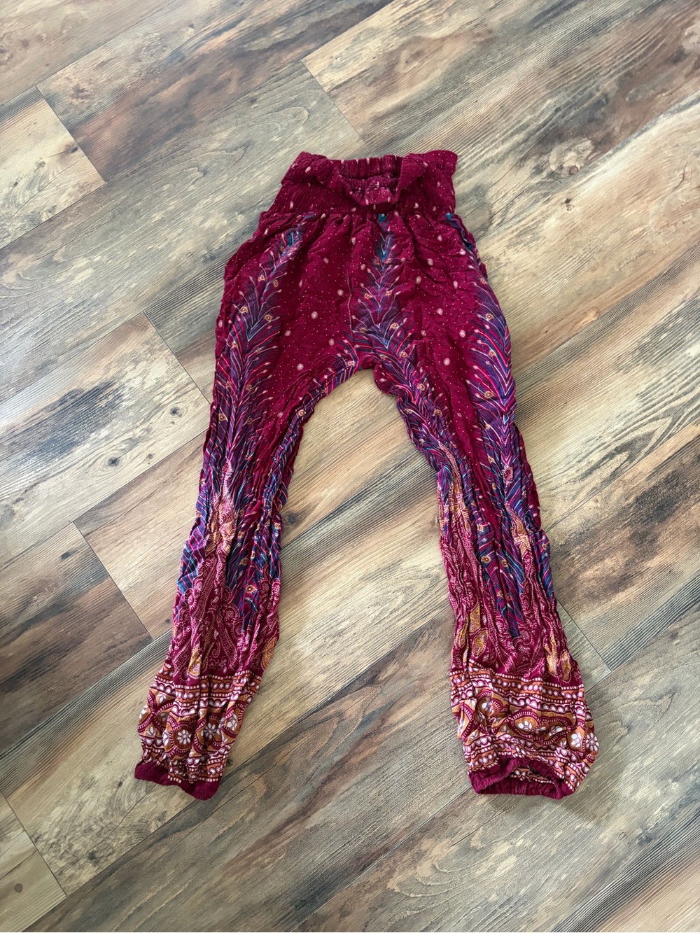 Burgundy Paisley-Print Smocked Waist Harem Joggers